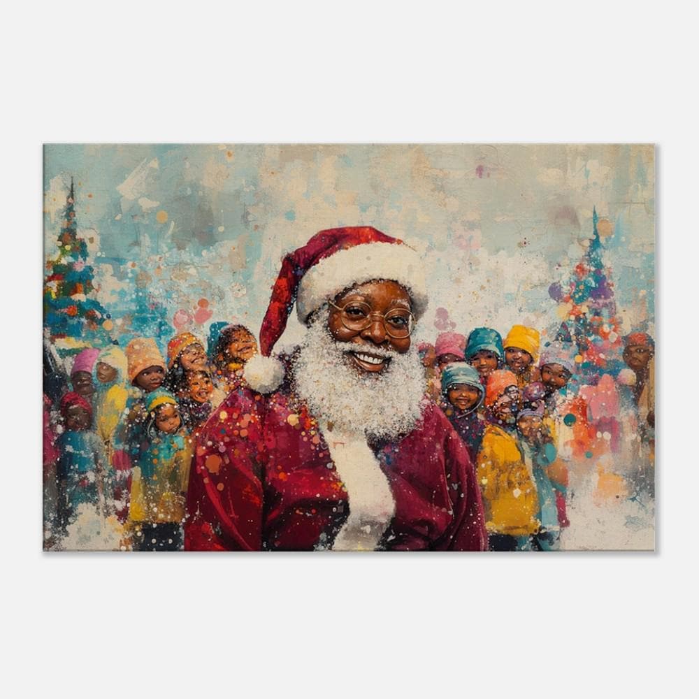 Black Santa Christmas print showcasing vibrant colors, perfect as african american wall art for festive decor.
