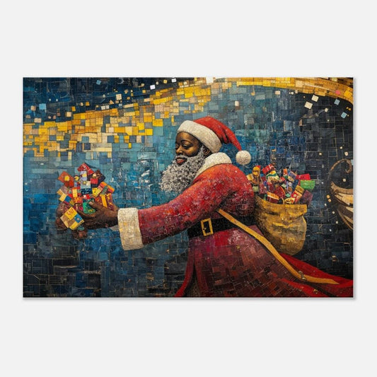 Quilt-Style Black Santa Giving Gifts | Faith Ringgold-Inspired Christmas Art | African American Holiday Decor | Holiday Wall Art