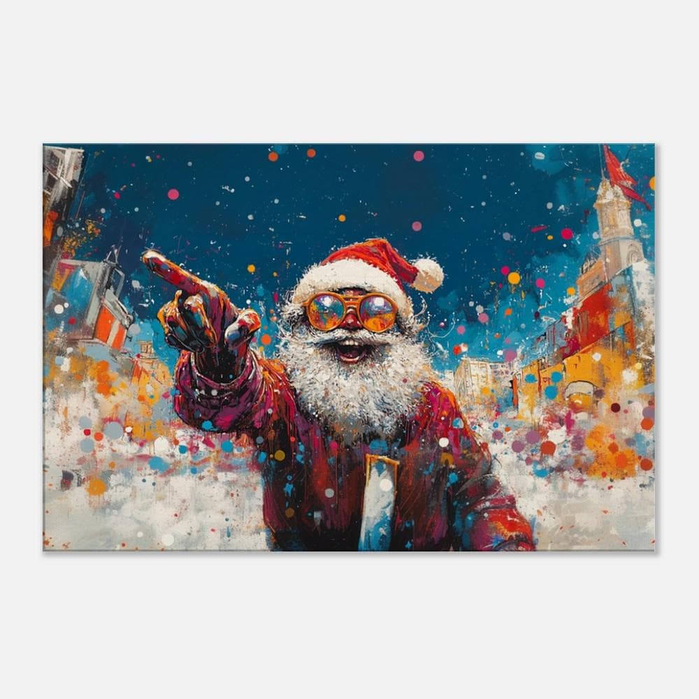 Abstract Black Santa in a Snowy City | Basquiat-Inspired Christmas Wall Art | Urban Holiday Decor | Vibrant African American Christmas Scene