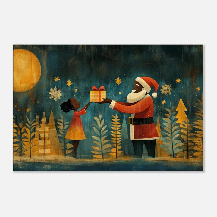 Black Santa giving a gift, vibrant canvas art representing African American wall art for Christmas celebration.