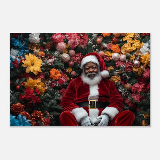 Black Santa in Floral Wonderland | Mickalene Thomas-Inspired Christmas Art | African American Holiday Wall Art | Black Artist Decor