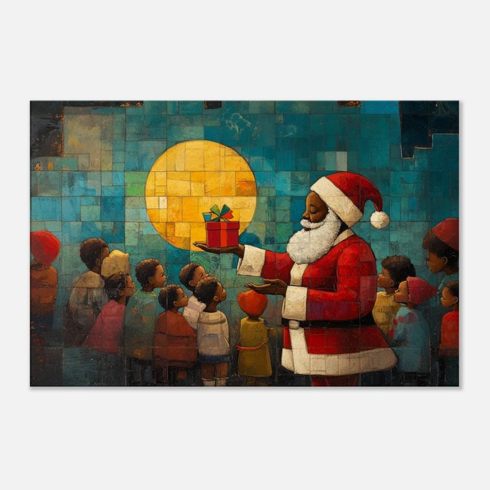 Gift Giving Santa with Kids is vibrant african american wall art that captures a joyful holiday moment.