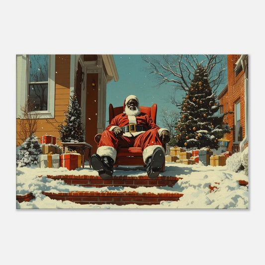 Cozy Black Santa in Winter Wonderland | Kerry James Marshall-Inspired Holiday Art | Christmas Wall Décor | Festive Urban Canvas Print