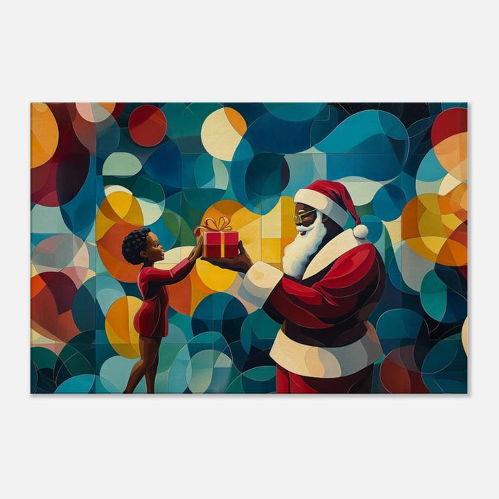 Black Santa joyfully giving a gift to a child, vibrant african american wall art for the festive season.