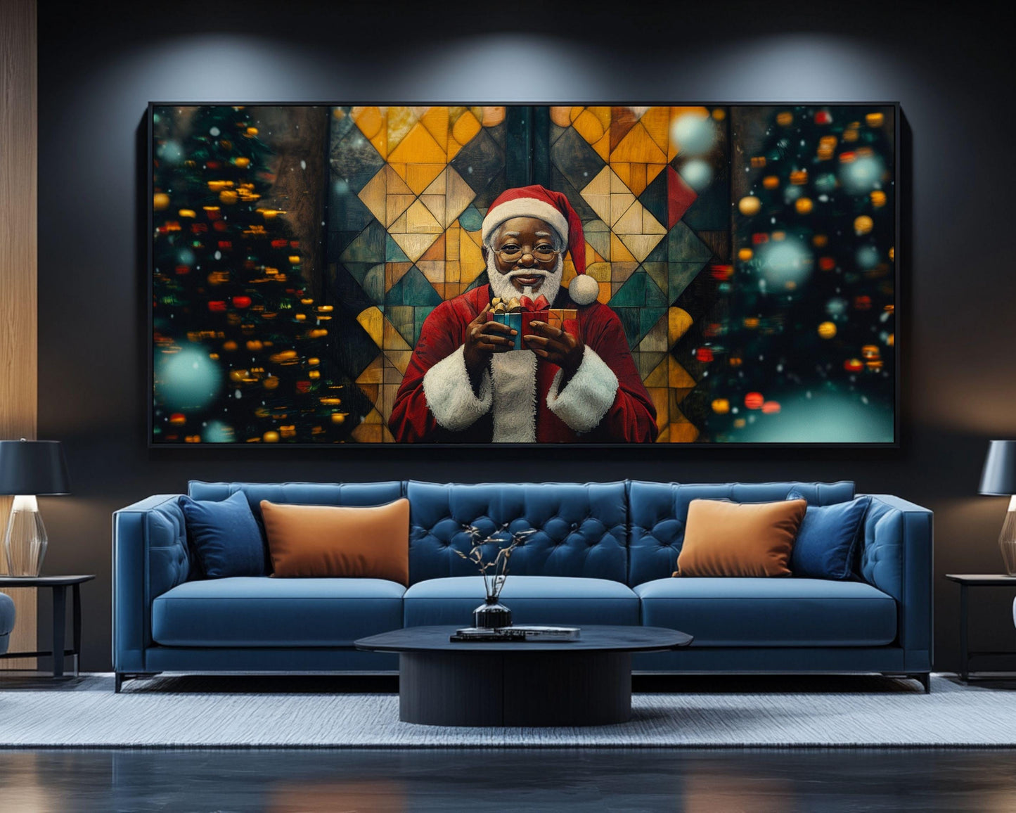 Black Santa Holding Christmas Gifts | African American Holiday Art | Festive Christmas Canvas | Joyful Santa Scene for Holiday Decor