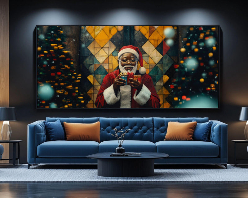 Black Santa with Gifts African American Christmas Wall Art