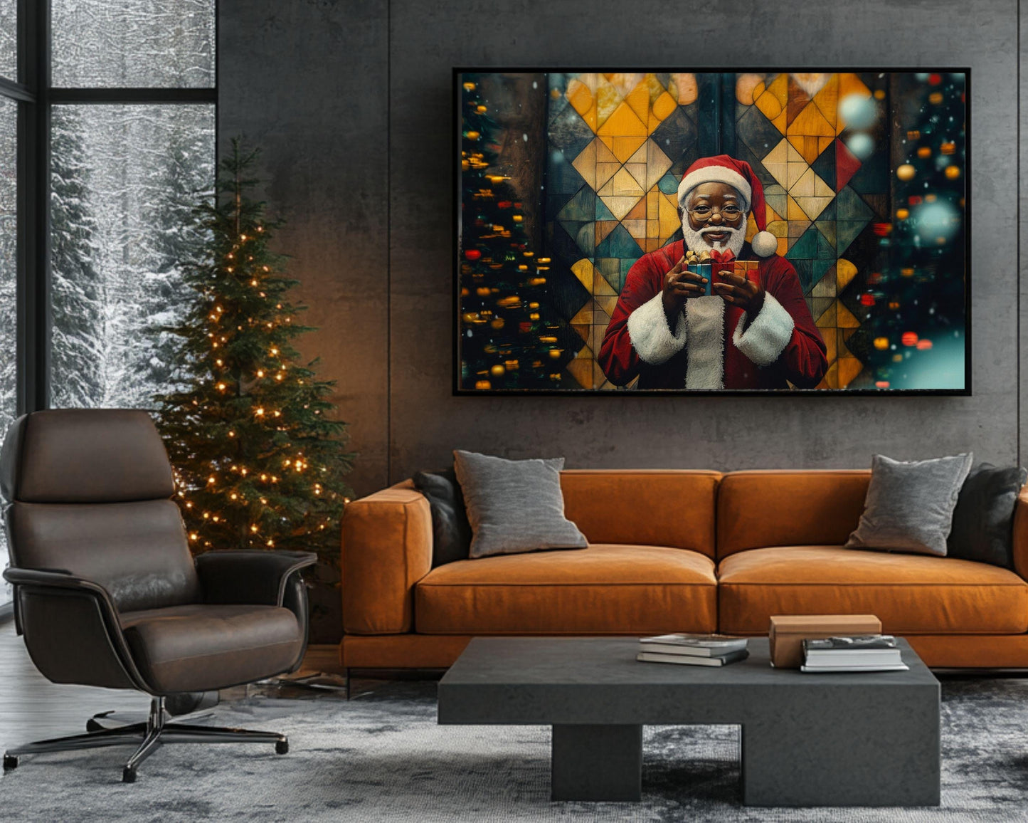 Black Santa Holding Christmas Gifts | African American Holiday Art | Festive Christmas Canvas | Joyful Santa Scene for Holiday Decor