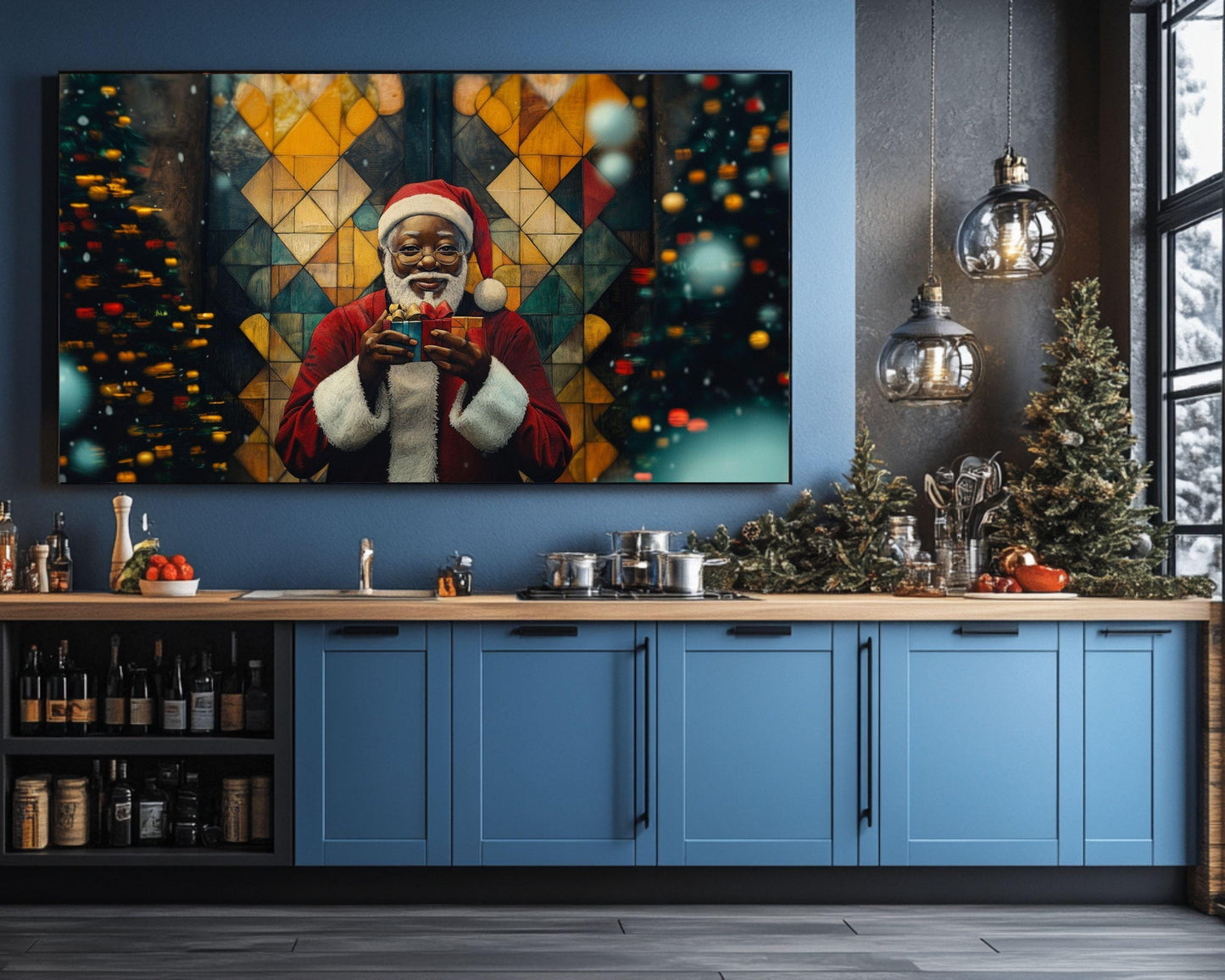 Black Santa Holding Christmas Gifts | African American Holiday Art | Festive Christmas Canvas | Joyful Santa Scene for Holiday Decor