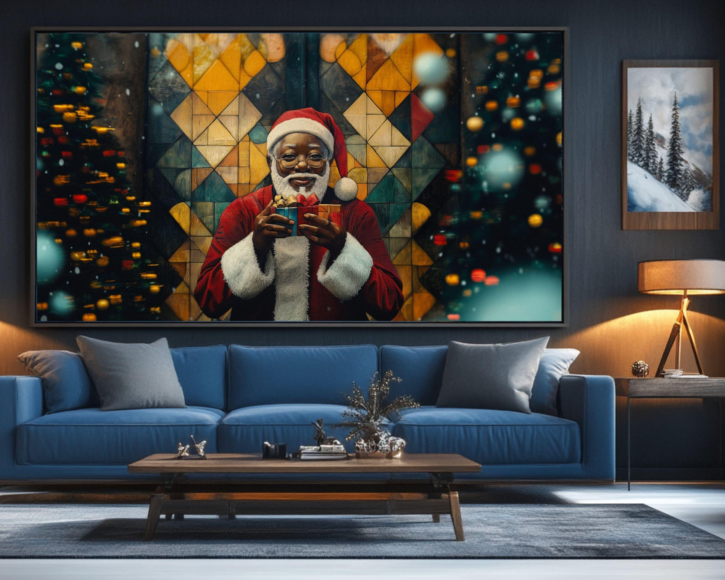 Black Santa Holding Christmas Gifts | African American Holiday Art | Festive Christmas Canvas | Joyful Santa Scene for Holiday Decor