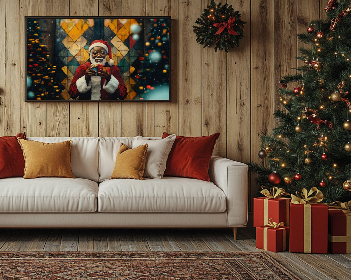 Black Santa Holding Christmas Gifts | African American Holiday Art | Festive Christmas Canvas | Joyful Santa Scene for Holiday Decor