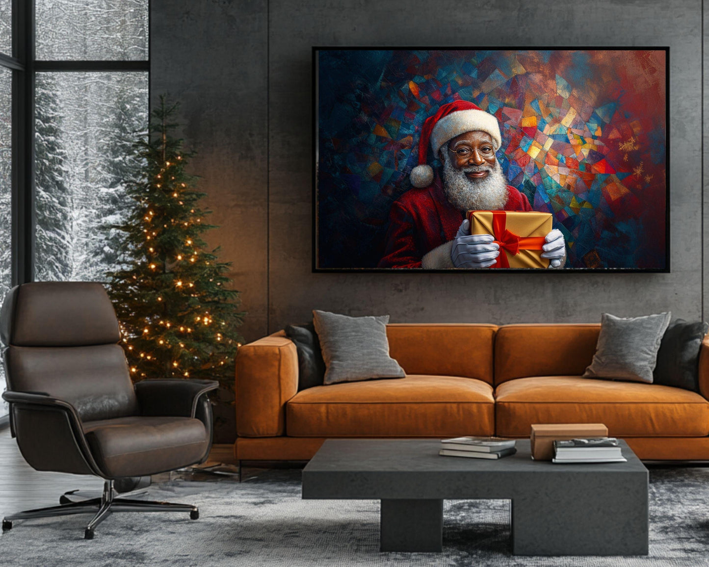 Black Santa Holding Golden Gift | Colorful Mosaic Christmas Art | African American Holiday Canvas | Festive Christmas Wall Art