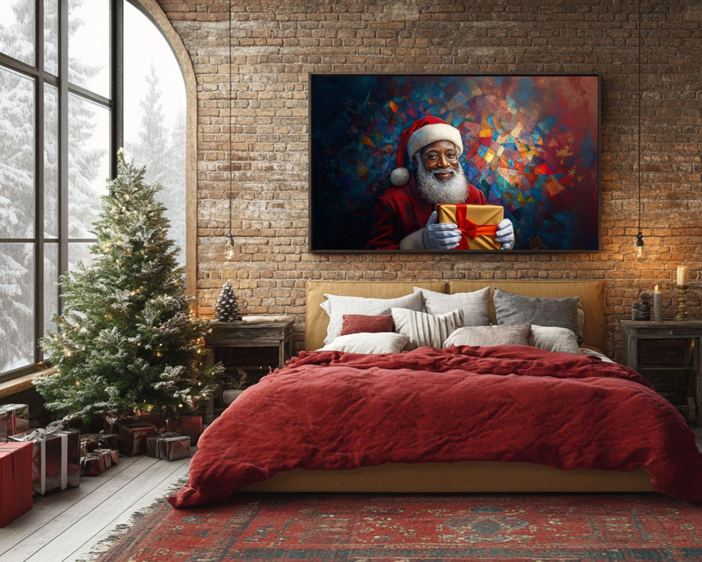 Black Santa Holding Golden Gift | Colorful Mosaic Christmas Art | African American Holiday Canvas | Festive Christmas Wall Art