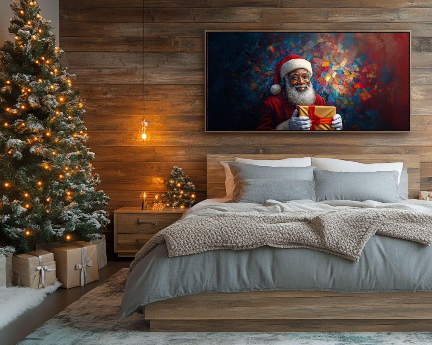 Black Santa Holding Golden Gift | Colorful Mosaic Christmas Art | African American Holiday Canvas | Festive Christmas Wall Art