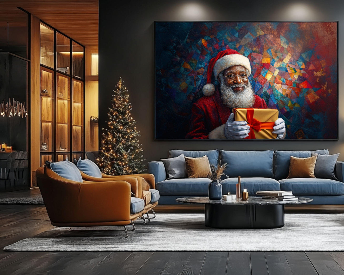 Black Santa Holding Golden Gift | Colorful Mosaic Christmas Art | African American Holiday Canvas | Festive Christmas Wall Art