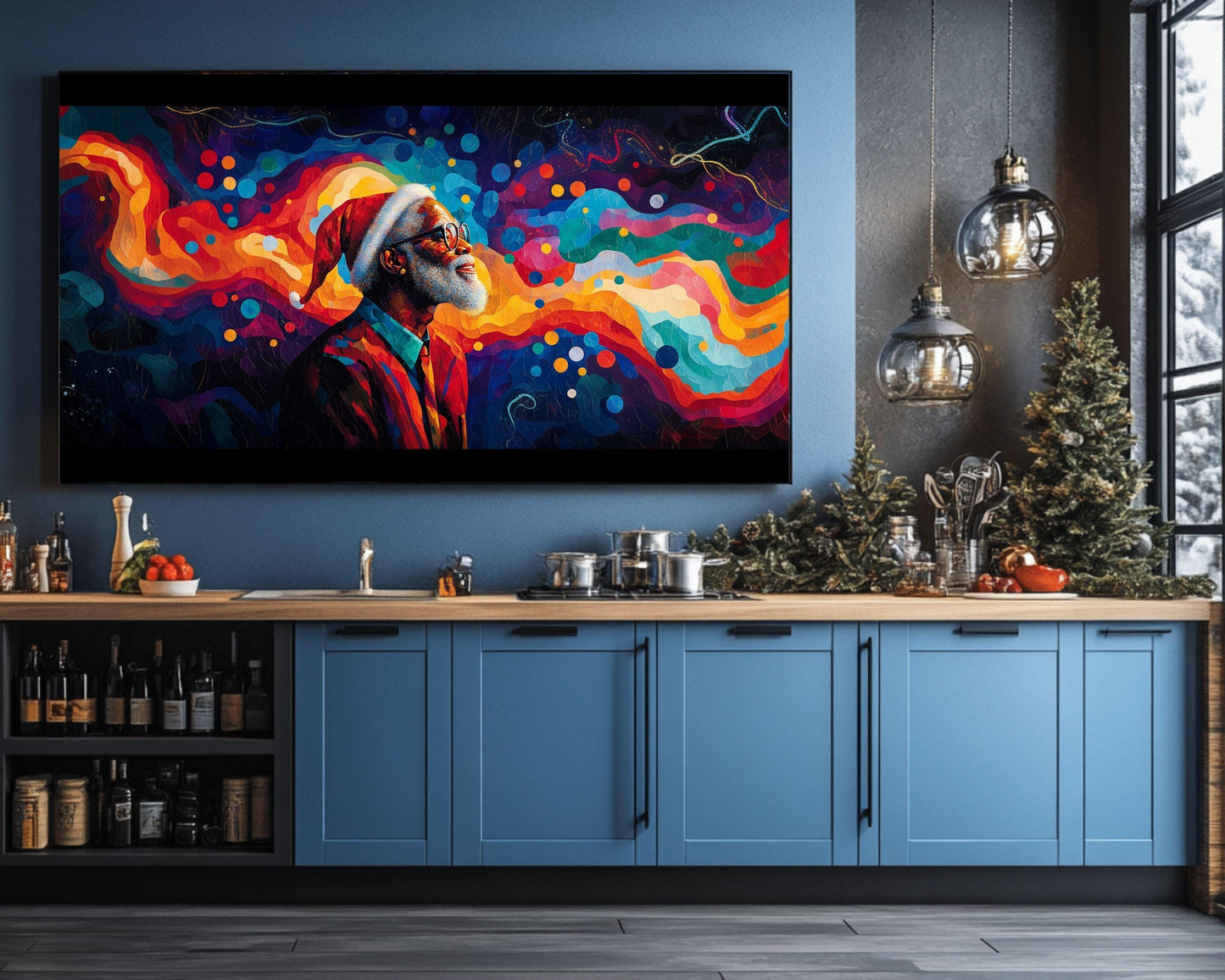 Colorful Black Santa Abstract Art | Christmas Wall Art | African American Holiday Art Print | Happy Festive Santa Art | Modern Christmas Art