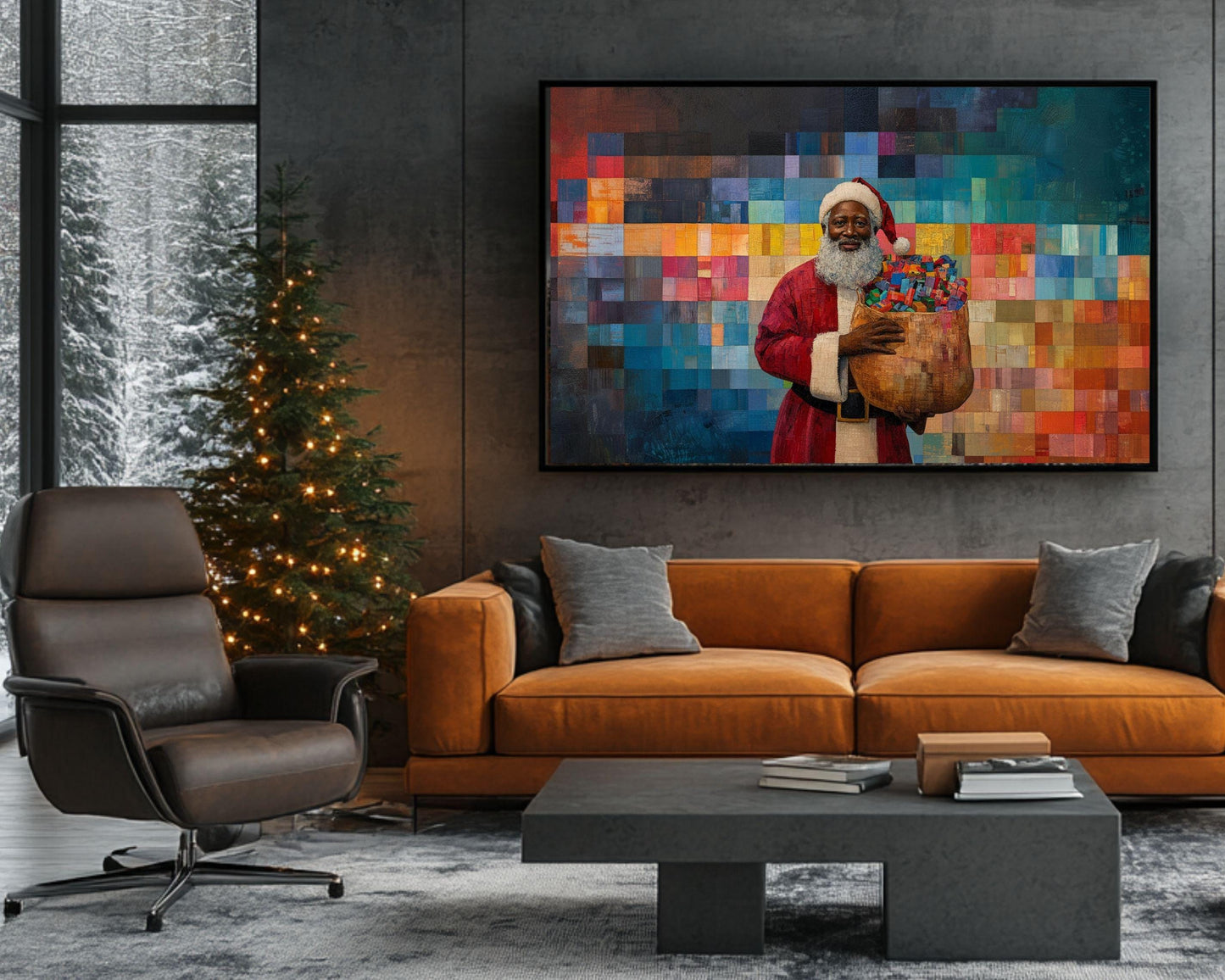 Black Santa with Gifts | Faith Ringgold-Inspired Quilt Art | Holiday Canvas Print | African American Christmas Décor | Black Wall Art