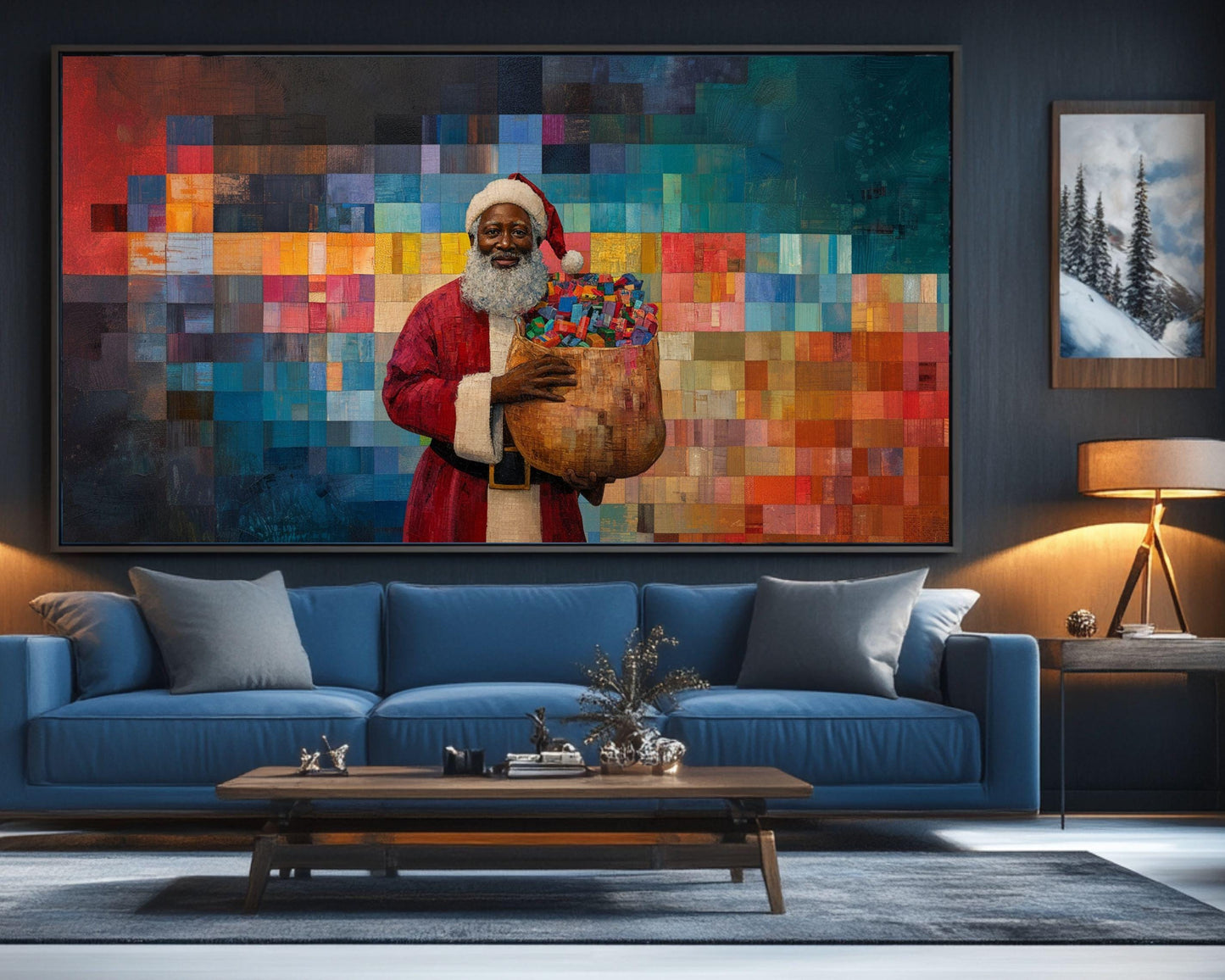 Black Santa with Gifts | Faith Ringgold-Inspired Quilt Art | Holiday Canvas Print | African American Christmas Décor | Black Wall Art