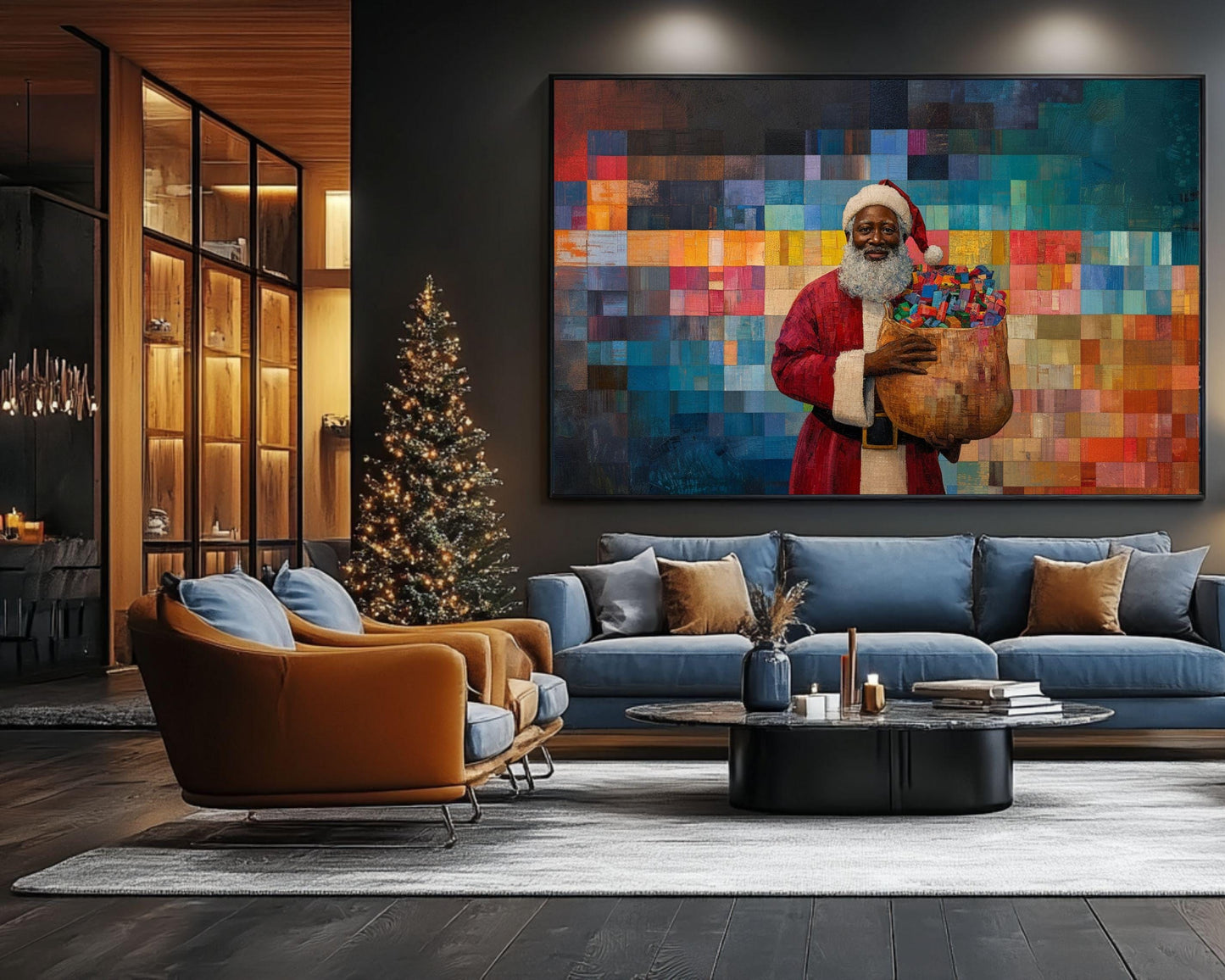 Black Santa with Gifts | Faith Ringgold-Inspired Quilt Art | Holiday Canvas Print | African American Christmas Décor | Black Wall Art