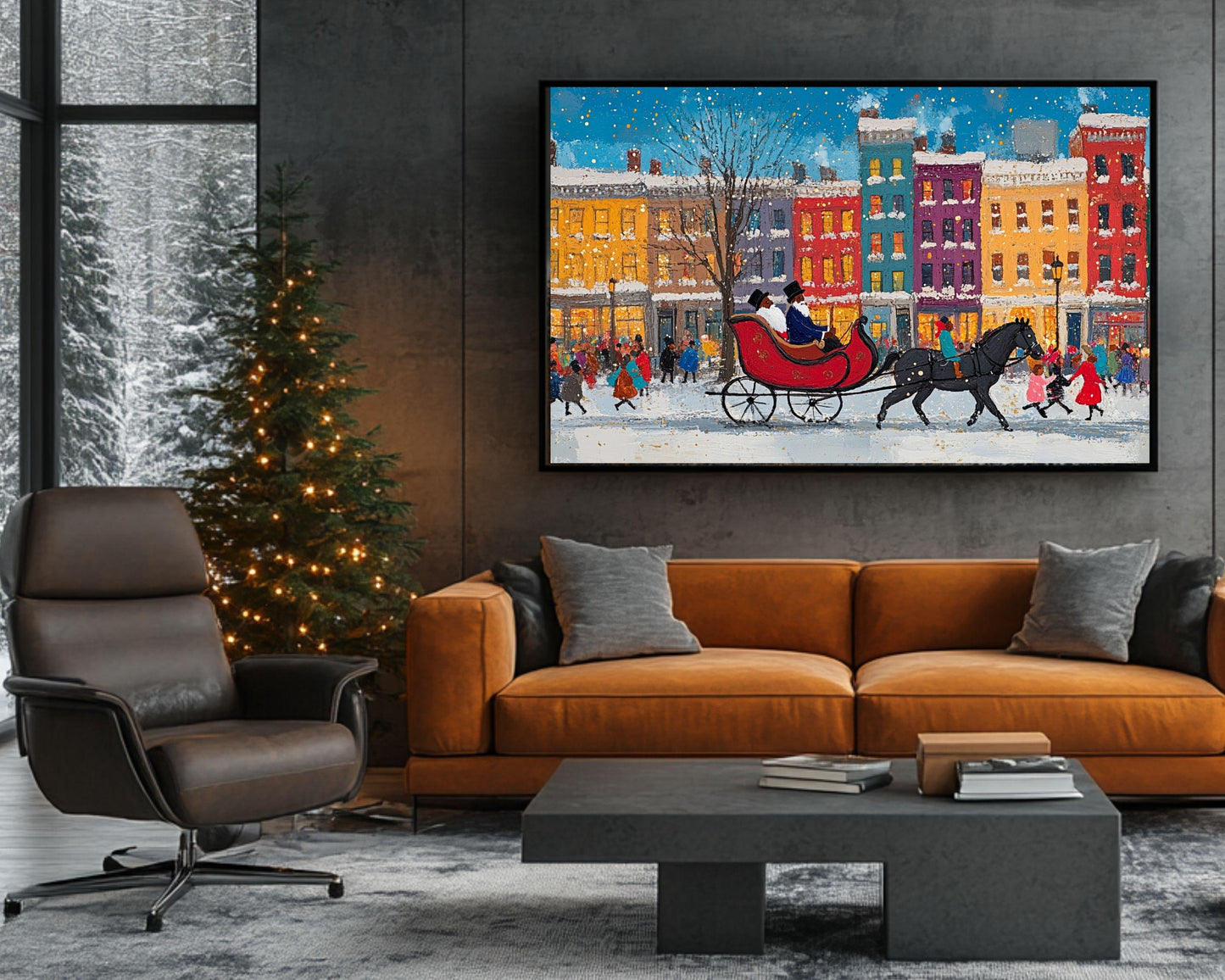 Black Santa Sleigh Ride | Jacob Lawrence-Inspired Art | Colorful City Canvas Print | Christmas Wall Art | African American Holiday Art