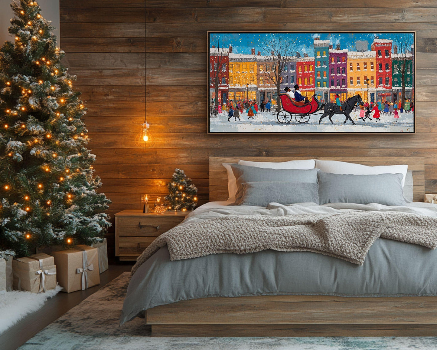 Black Santa Sleigh Ride | Jacob Lawrence-Inspired Art | Colorful City Canvas Print | Christmas Wall Art | African American Holiday Art