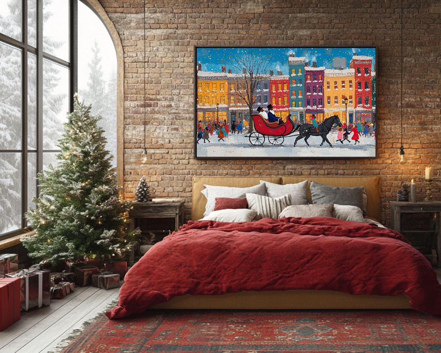 Black Santa Sleigh Ride | Jacob Lawrence-Inspired Art | Colorful City Canvas Print | Christmas Wall Art | African American Holiday Art