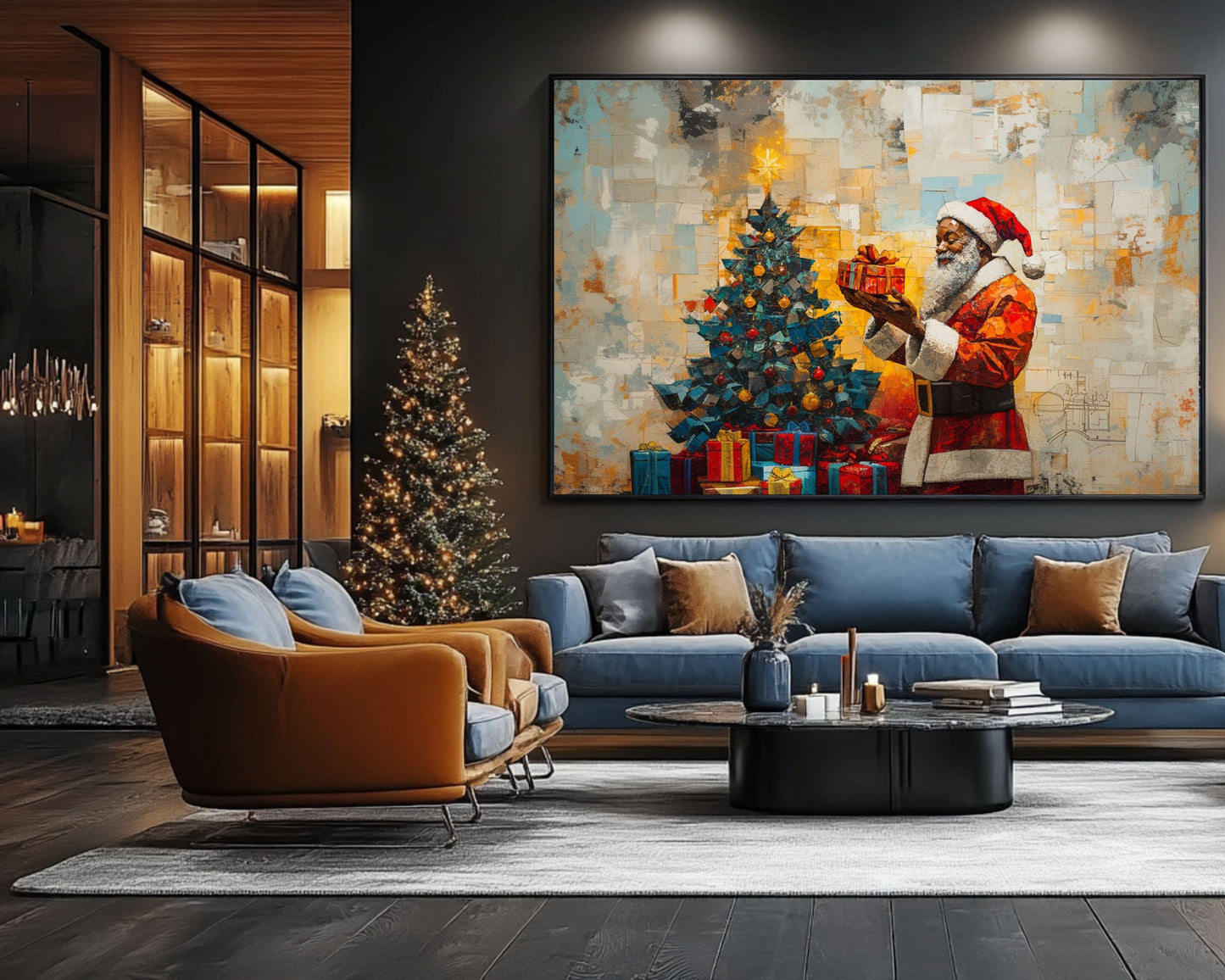 Black Santa Holding a Gift by Christmas Tree | African American Holiday Art | Festive Christmas Wall Decor | Cozy Winter Gift for Home