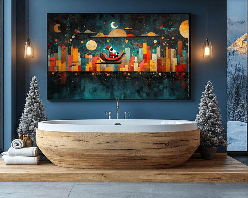 Black Santa Sleigh Ride Over City African American Christmas Wall Art