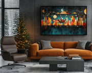 Black Santa Sleigh Ride Over City Christmas Black culture wall art artwork by MoomZee Artwork