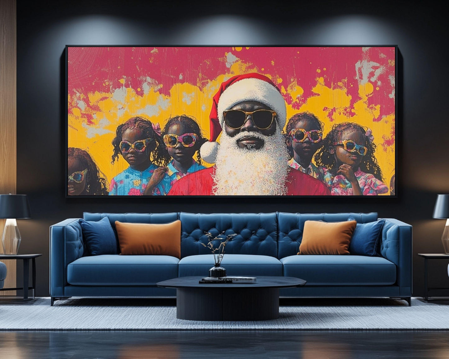 Black Santa with Kids in Summer Vibes | Unique Christmas Wall Art | Festive Holiday Decor | Bold, Colorful Abstract Holiday Art | Xmas Gift