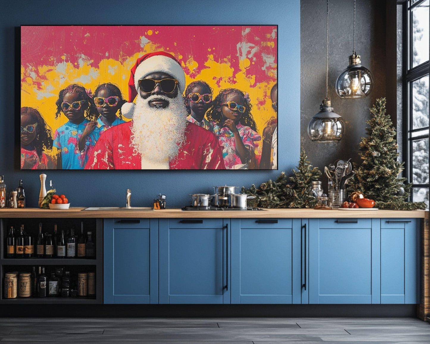 Black Santa with Kids in Summer Vibes | Unique Christmas Wall Art | Festive Holiday Decor | Bold, Colorful Abstract Holiday Art | Xmas Gift