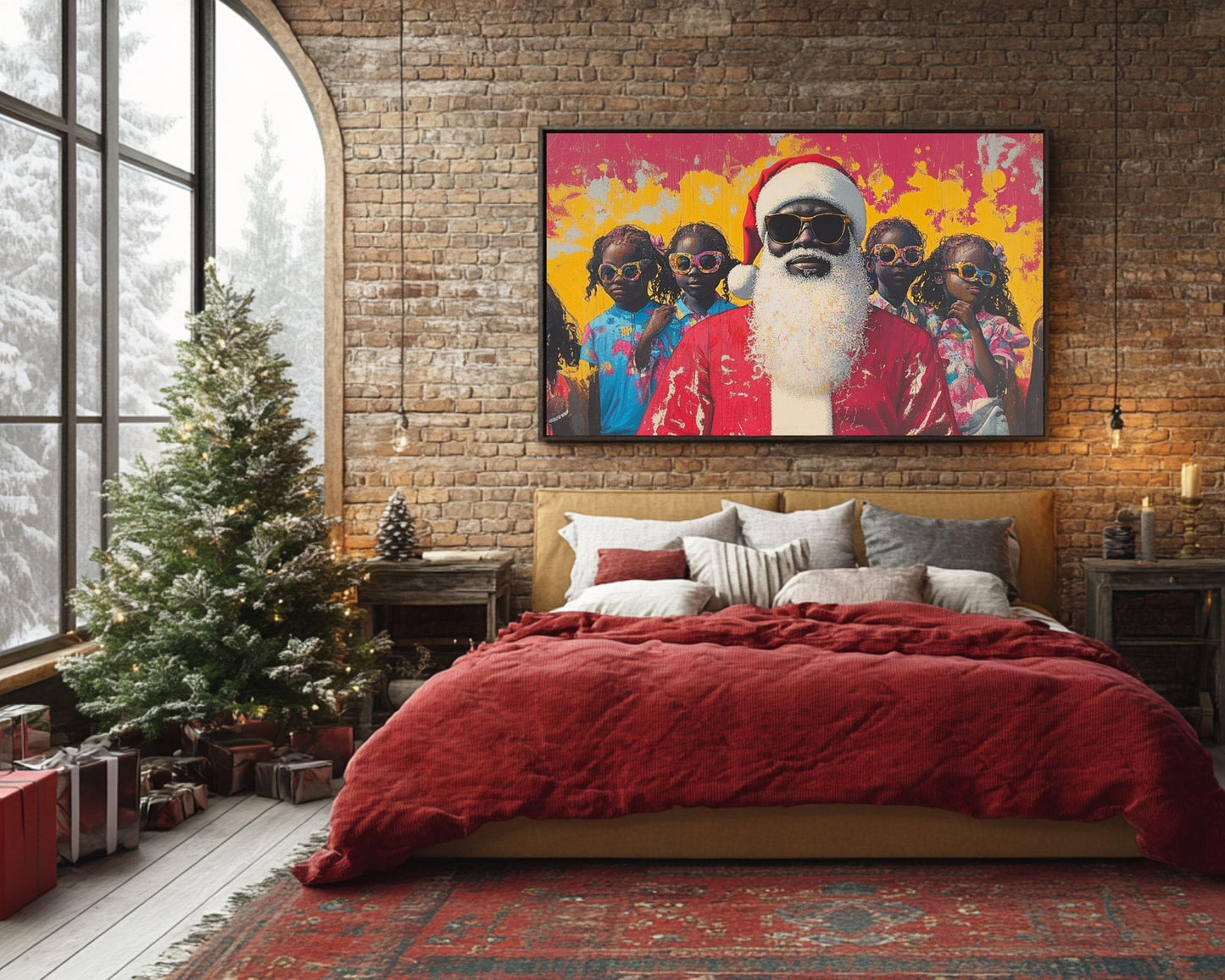 Black Santa with Kids in Summer Vibes | Unique Christmas Wall Art | Festive Holiday Decor | Bold, Colorful Abstract Holiday Art | Xmas Gift