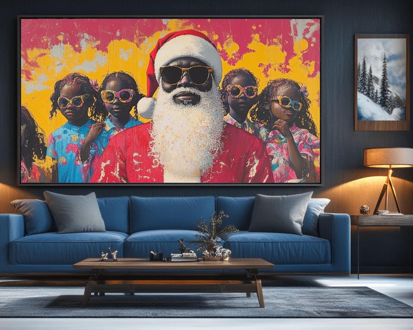 Black Santa with Kids in Summer Vibes | Unique Christmas Wall Art | Festive Holiday Decor | Bold, Colorful Abstract Holiday Art | Xmas Gift