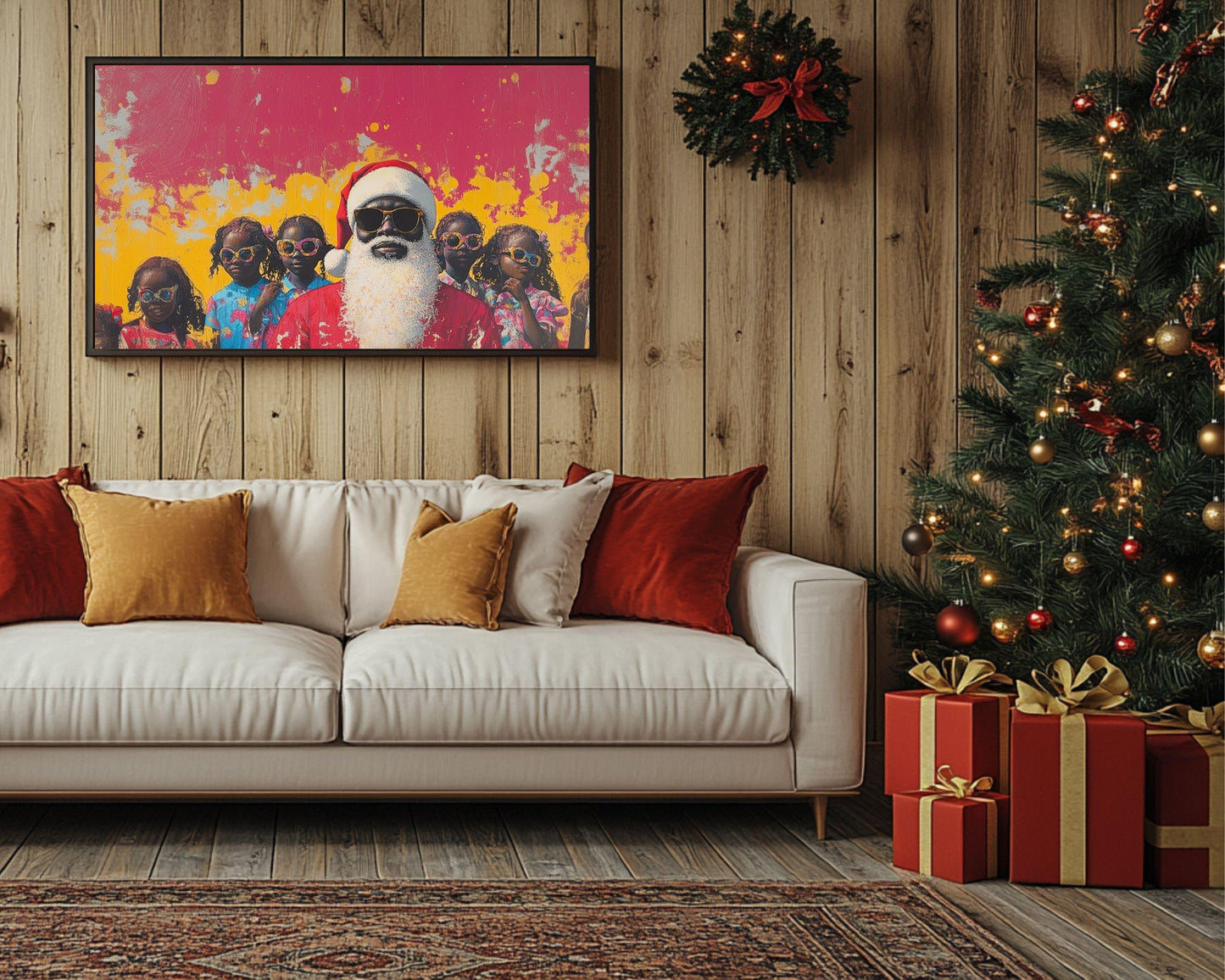 Black Santa with Kids in Summer Vibes | Unique Christmas Wall Art | Festive Holiday Decor | Bold, Colorful Abstract Holiday Art | Xmas Gift