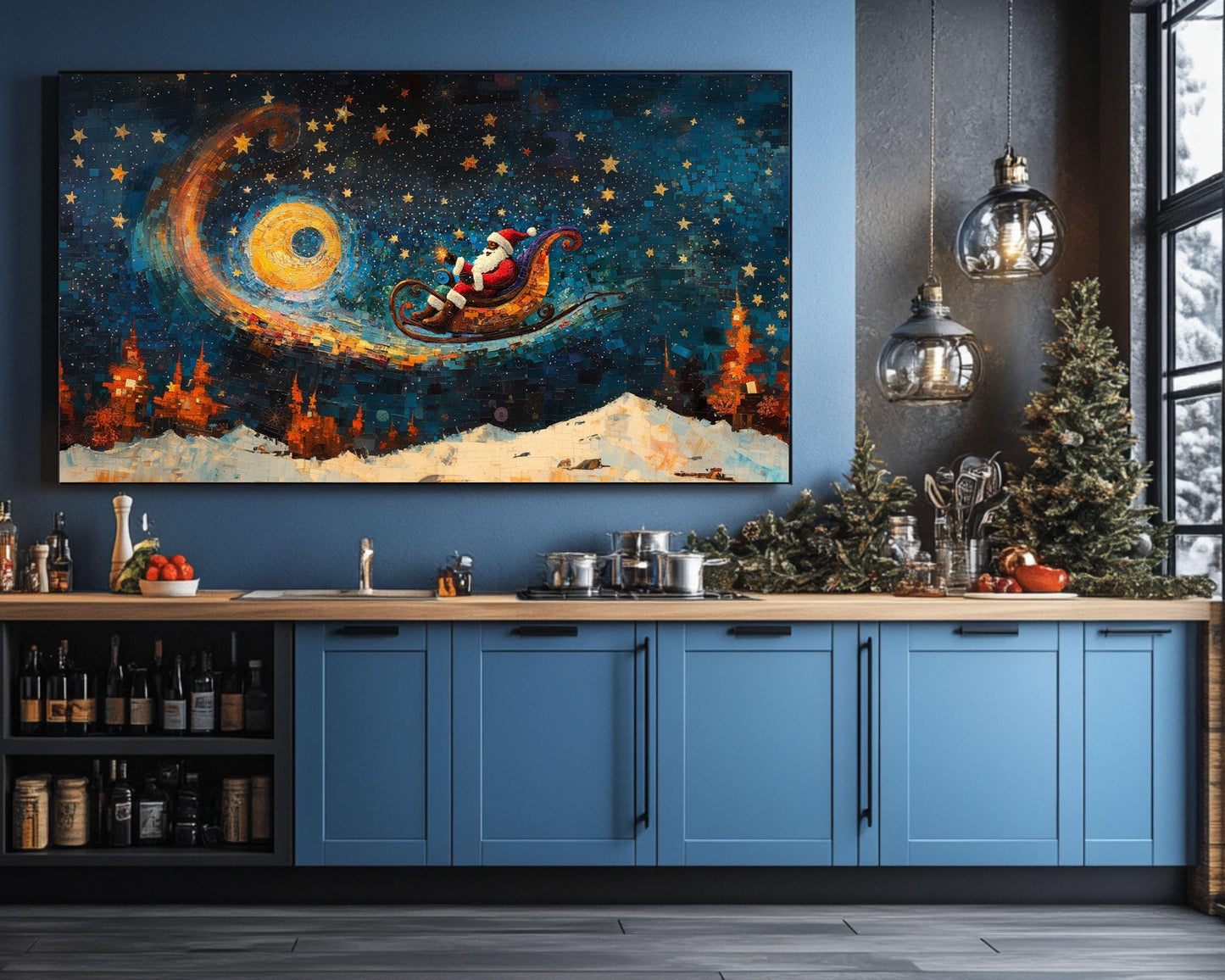 Cosmic Christmas Ride | Black Santa Sleigh Art | Holiday Space Adventure | Winter Night Sky Decor | Unique Christmas Gift