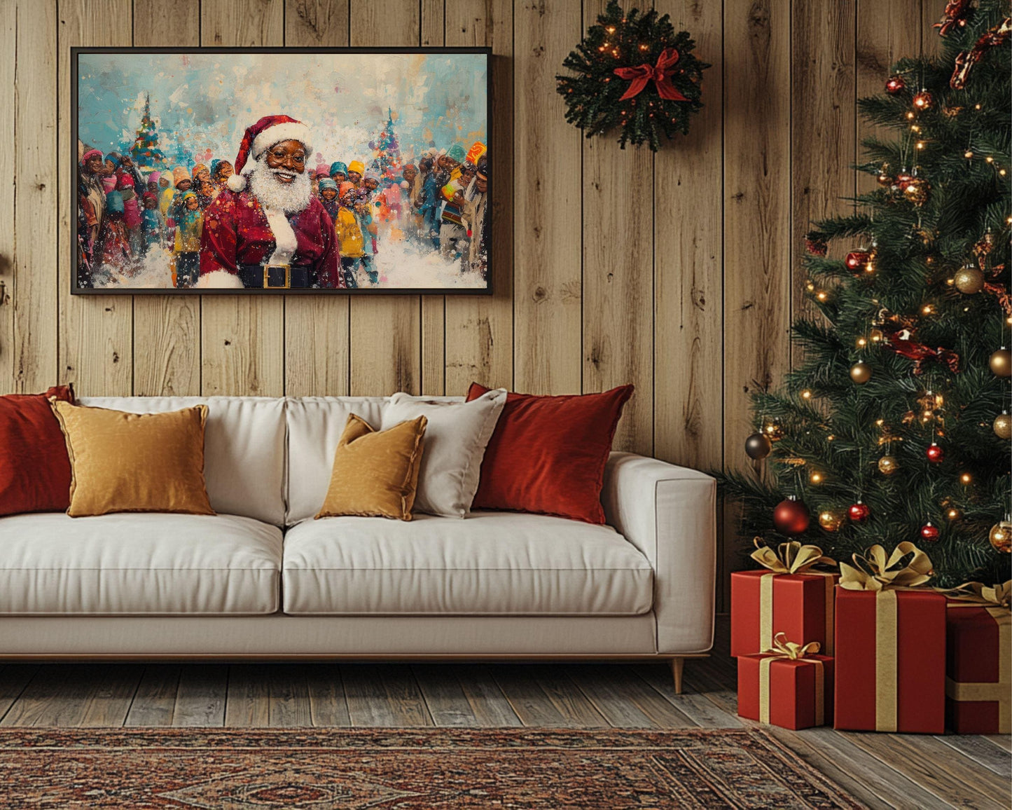 Black Santa Christmas Celebration | Joyful Holiday Art | Winter Wonderland | Festive Family Art | Unique Christmas Wall Decor