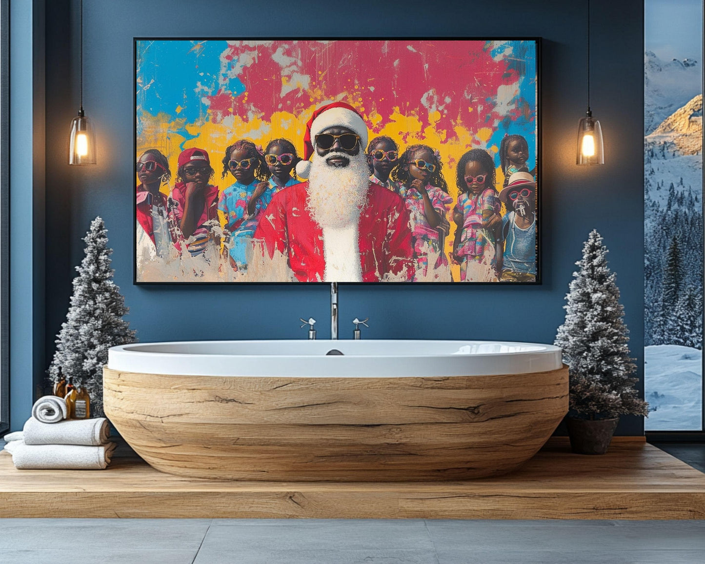 Black Santa with Cool Kids in Sunglasses | Colorful Christmas Wall Art | African American Holiday Decor | Fall and Christmas Art