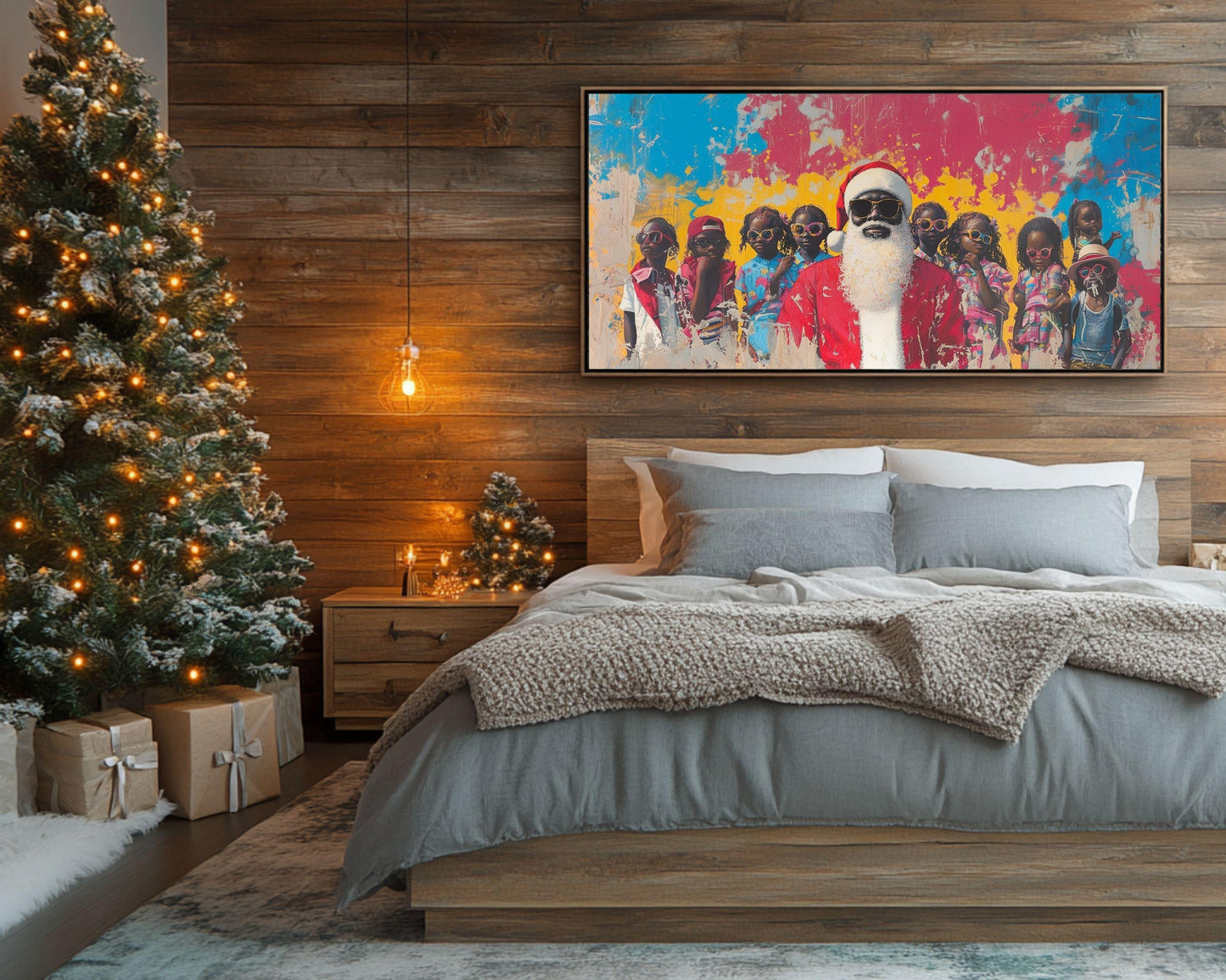 Black Santa with Cool Kids in Sunglasses | Colorful Christmas Wall Art | African American Holiday Decor | Fall and Christmas Art