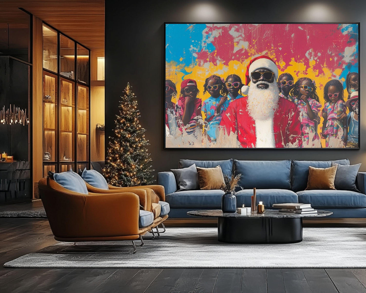 Black Santa with Cool Kids in Sunglasses | Colorful Christmas Wall Art | African American Holiday Decor | Fall and Christmas Art