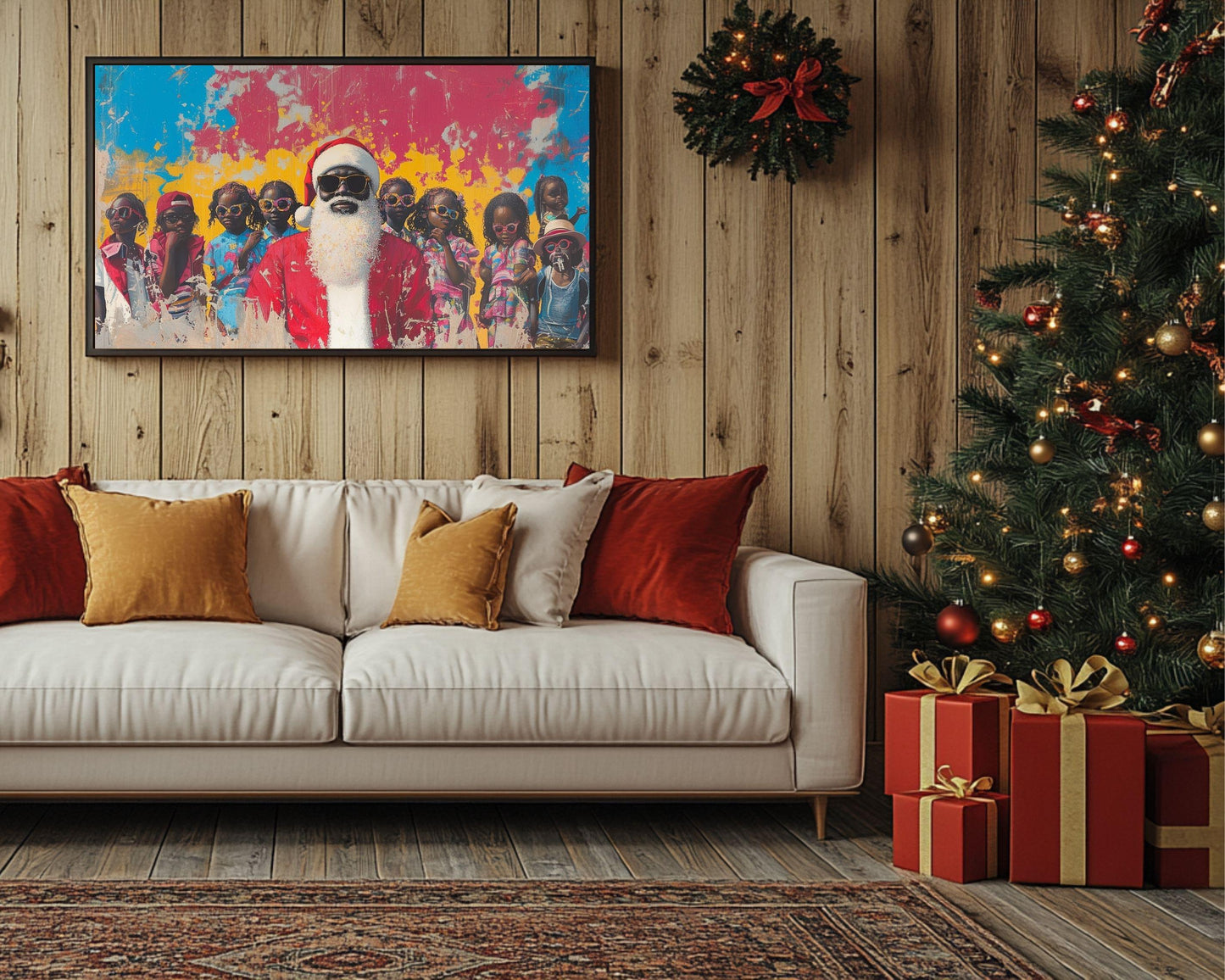 Black Santa with Cool Kids in Sunglasses | Colorful Christmas Wall Art | African American Holiday Decor | Fall and Christmas Art