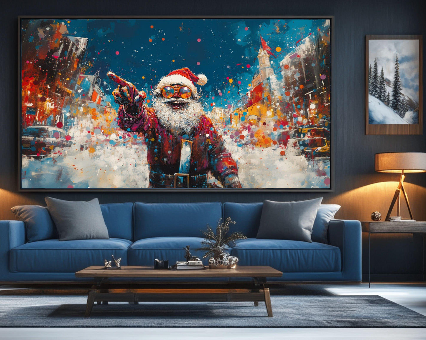 Abstract Black Santa in a Snowy City | Basquiat-Inspired Christmas Wall Art | Urban Holiday Decor | Vibrant African American Christmas Scene