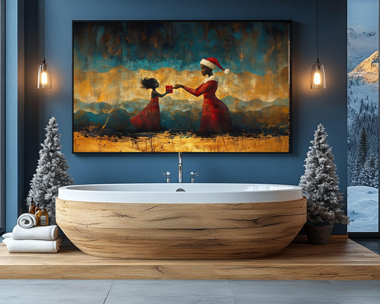 Black Santa Handing Gift to Child | African American Christmas Wall Art | Warm Festive Holiday Decor | Red and Gold Christmas Scene