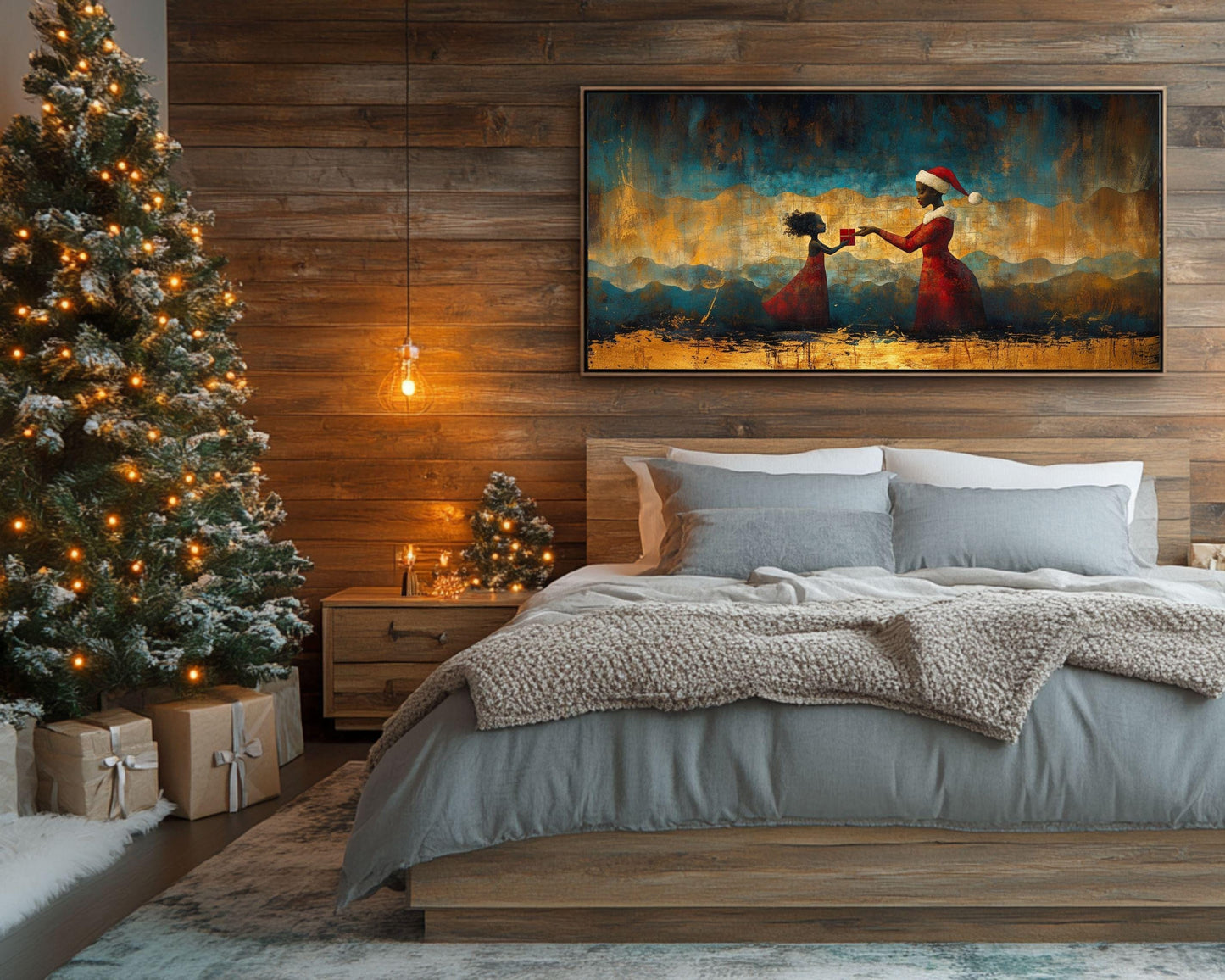 Black Santa Handing Gift to Child | African American Christmas Wall Art | Warm Festive Holiday Decor | Red and Gold Christmas Scene