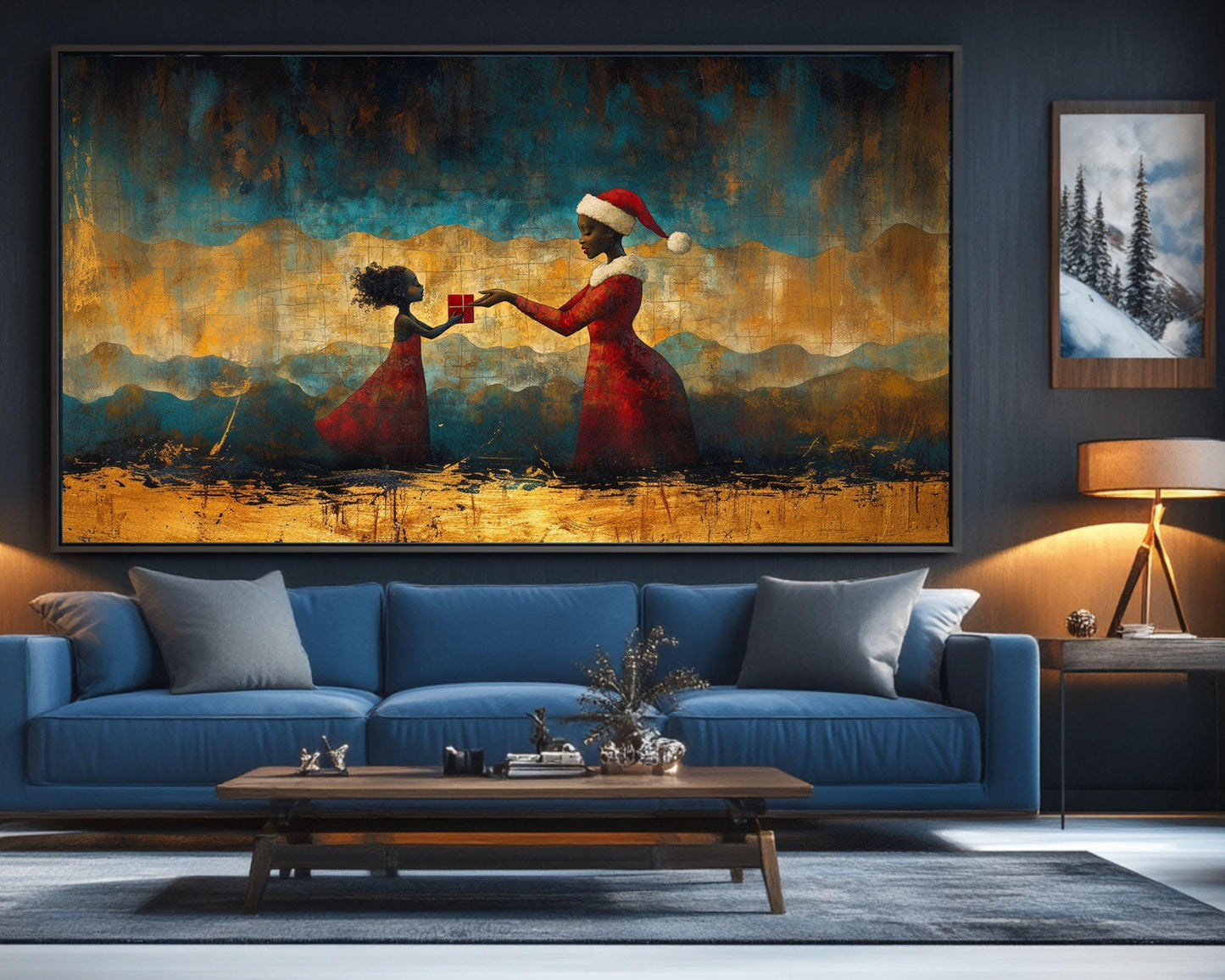 Black Santa Handing Gift to Child | African American Christmas Wall Art | Warm Festive Holiday Decor | Red and Gold Christmas Scene