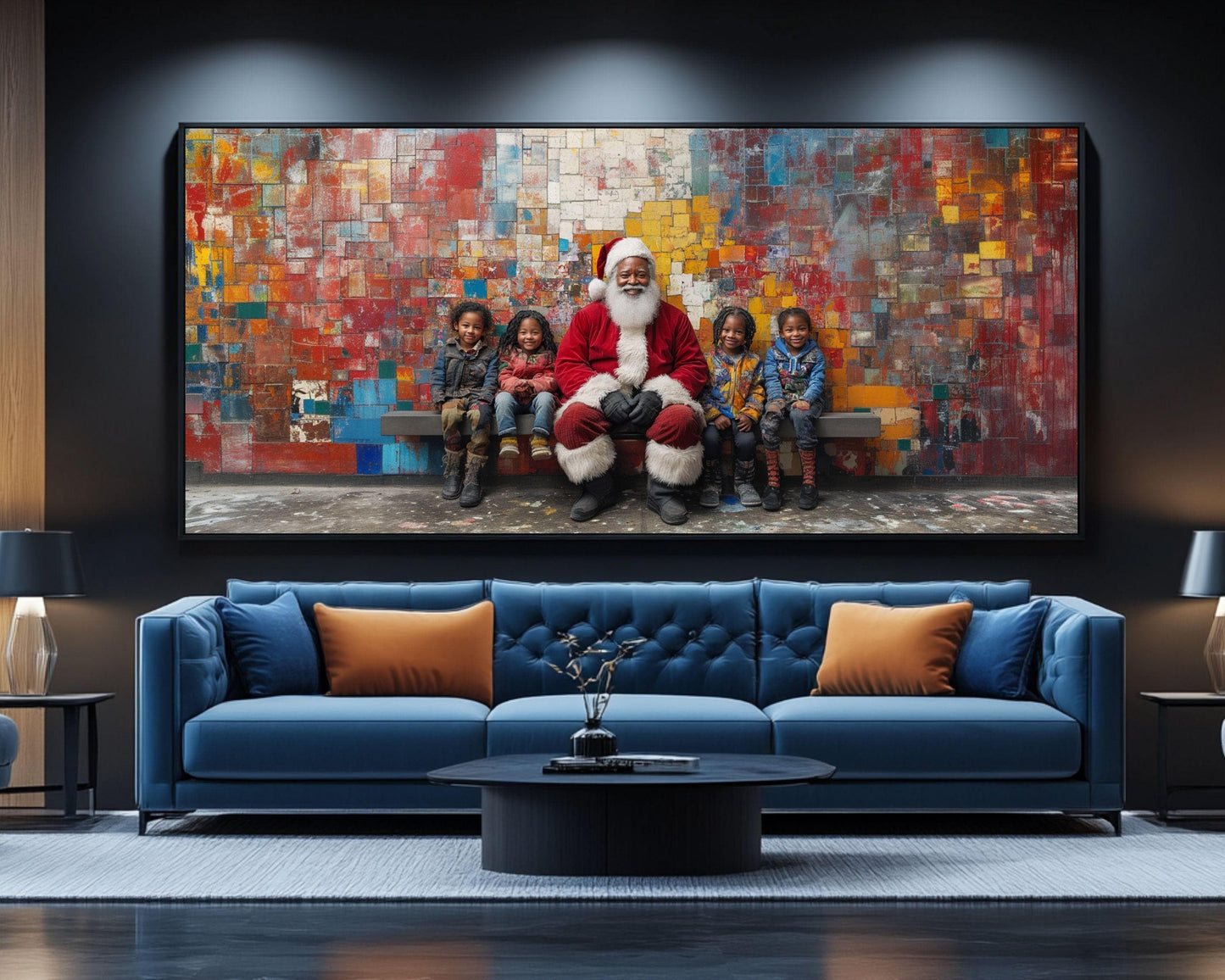 Black Santa with Children | Mickalene Thomas-Inspired Christmas Art | African American Holiday Decor | Colorful Wall Art