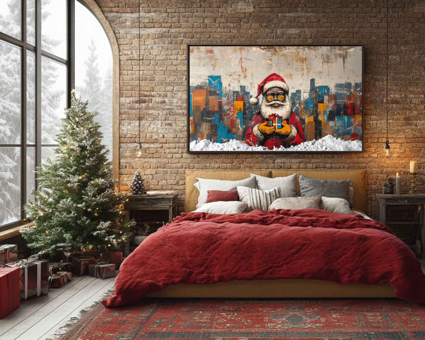 Abstract Black Santa with Gift in Cityscape | Basquiat-Inspired Christmas Art | African American Christmas Decor | Urban Wall Art