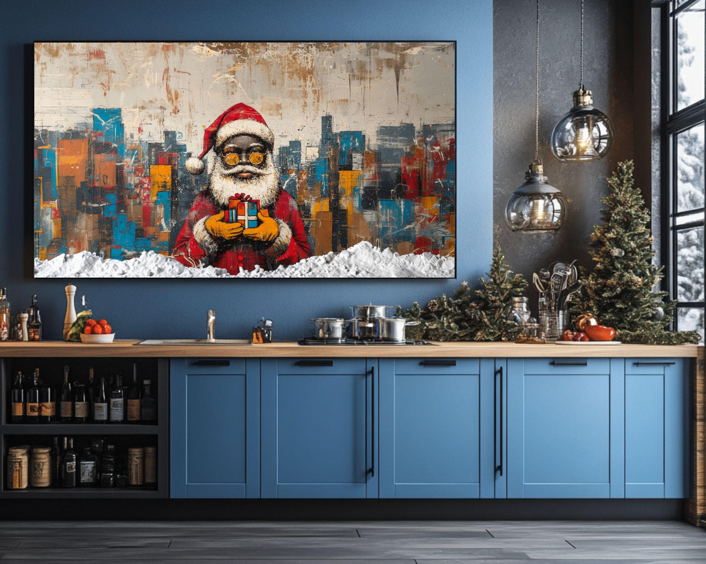 Abstract Black Santa with Gift in Cityscape | Basquiat-Inspired Christmas Art | African American Christmas Decor | Urban Wall Art