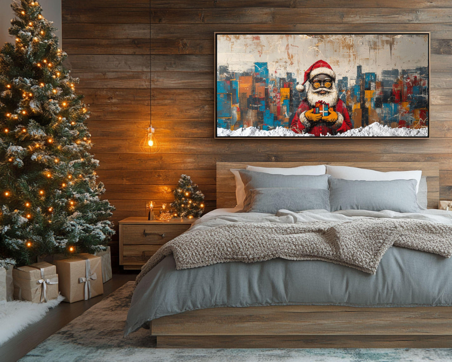 Abstract Black Santa with Gift in Cityscape | Basquiat-Inspired Christmas Art | African American Christmas Decor | Urban Wall Art