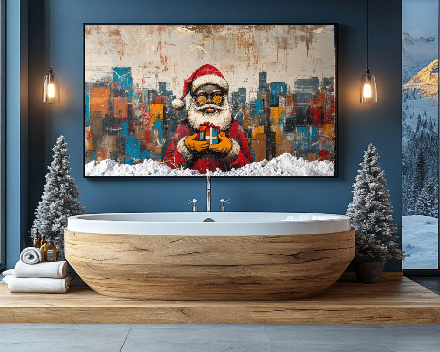 Abstract Black Santa with Gift in Cityscape | Basquiat-Inspired Christmas Art | African American Christmas Decor | Urban Wall Art