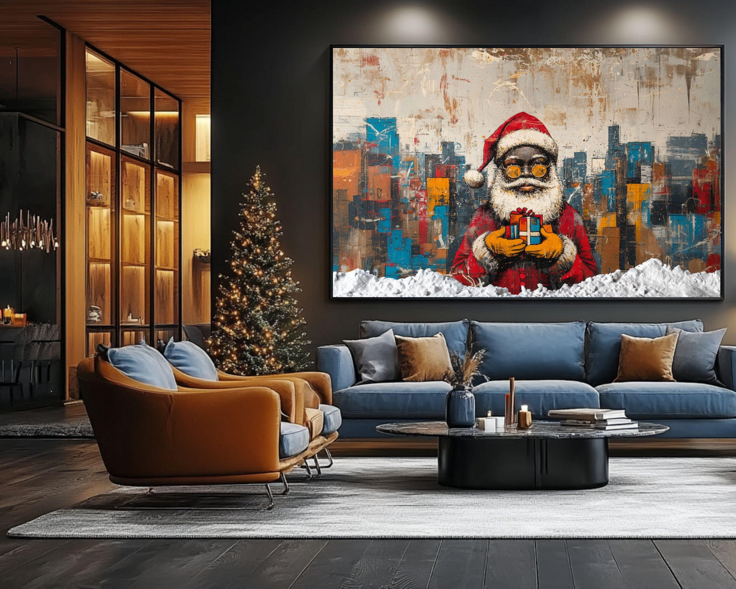 Abstract Black Santa with Gift in Cityscape | Basquiat-Inspired Christmas Art | African American Christmas Decor | Urban Wall Art