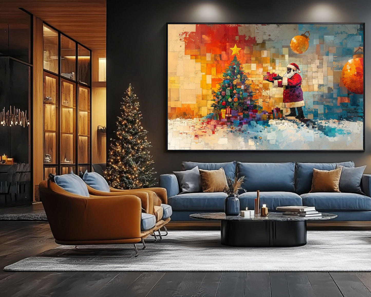 Black Santa with Christmas Tree Collage | Romare Bearden-Inspired Art | African American Holiday Wall Art | Colorful Christmas Scene